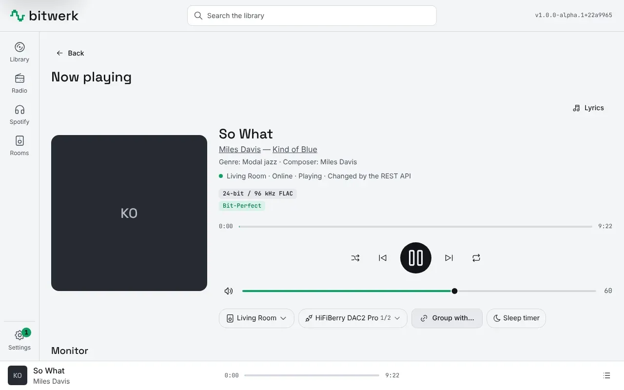Now playing in the bitwerk web UI: "So What" by Miles Davis from Kind of Blue in the Living Room, online and playing, with the badges "24-bit / 96 kHz FLAC" and "Bit-Perfect", progress, the transport and volume, and buttons for the room, the DAC, Play together… and the sleep timer